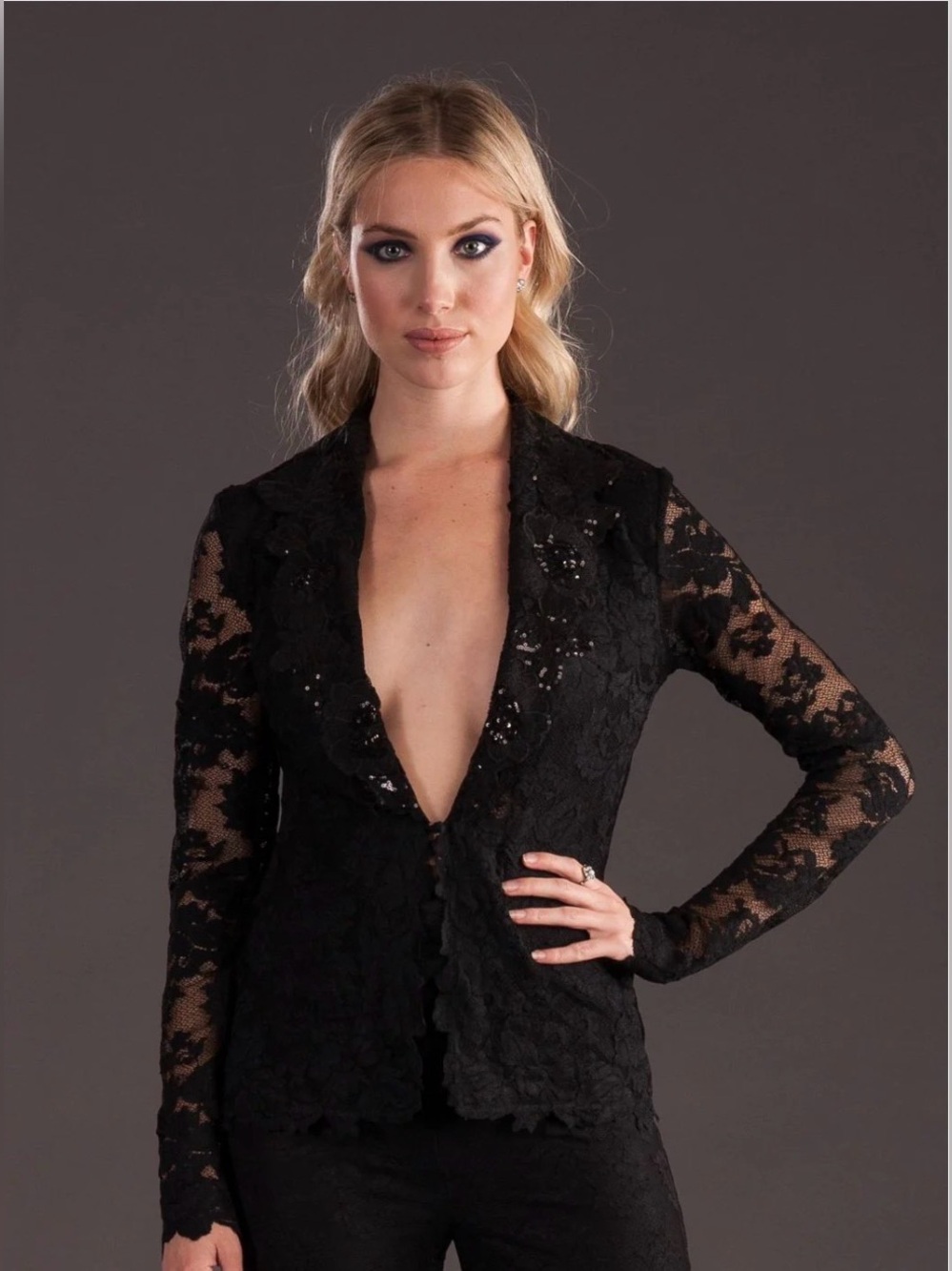 Olvi's The Lace Collection Navy Lace Embellished Cardigan Blazer | Size 2